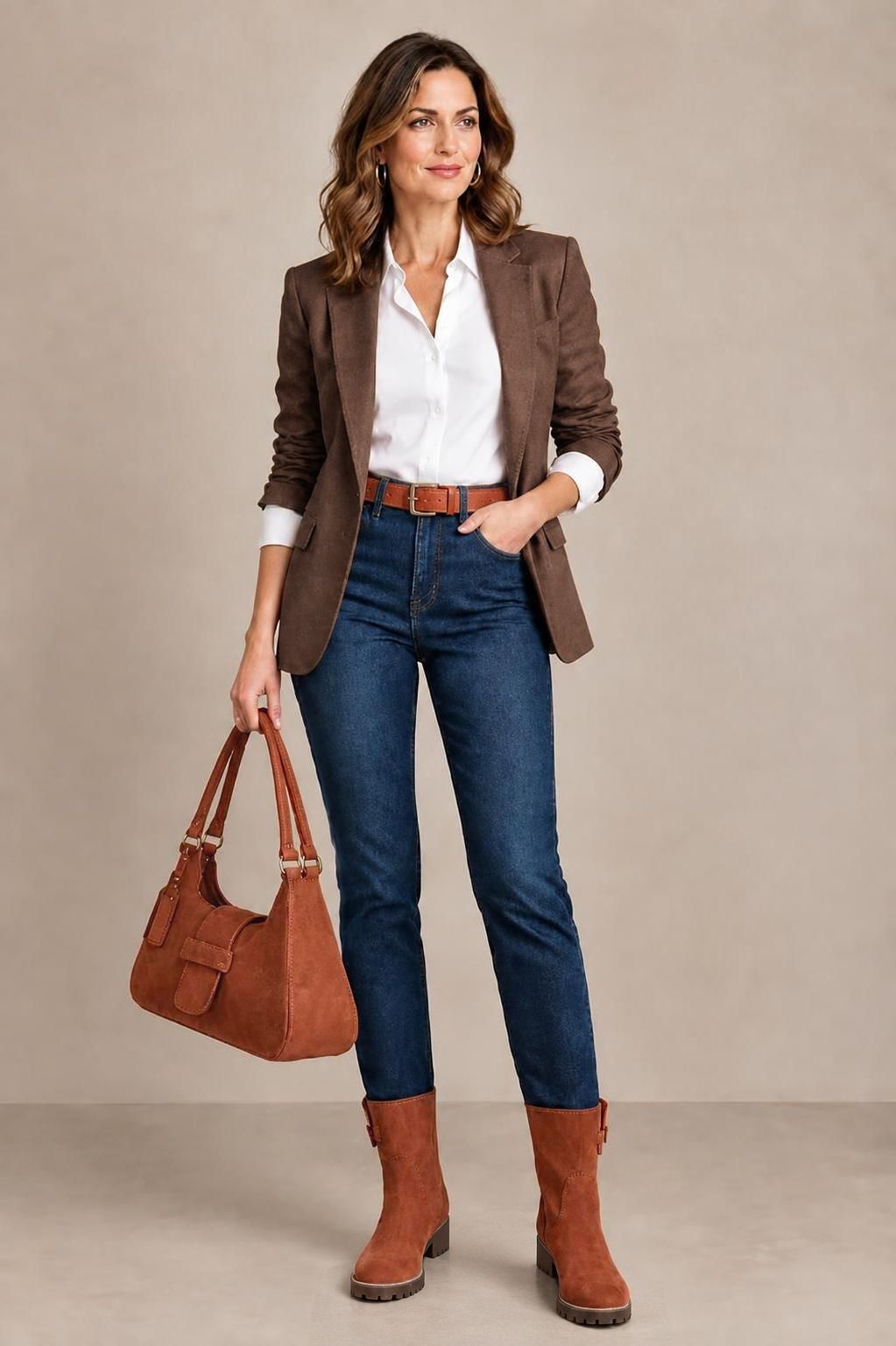 Women's terracotta side-buckle ankle boots with round toe and chunky rubber lug sole - Worn view